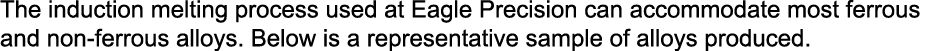 The induction melting process used at Eagle Precision can accommodate most ferrous and non ferrous alloys. Below is a...