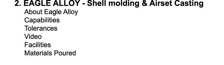 2. EAGLE ALLOY Shell molding & Airset Casting About Eagle Alloy Capabilities Tolerances Video Facilities Materials Po...