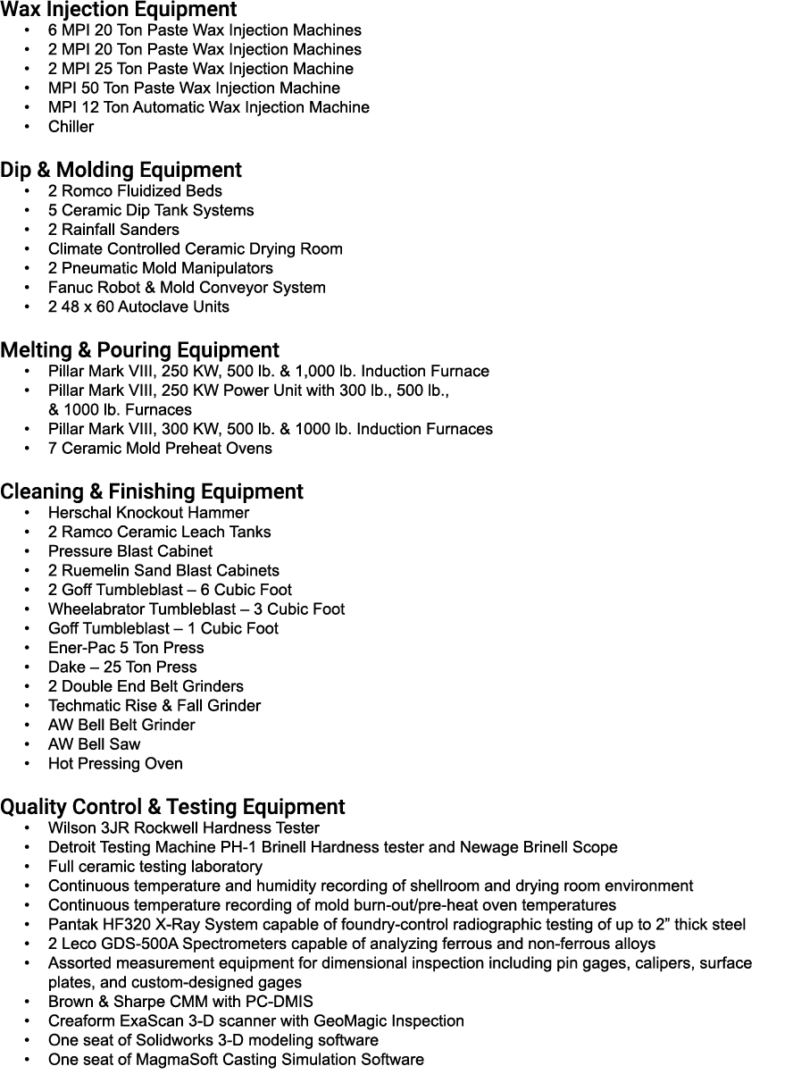 Wax Injection Equipment • 6 MPI 20 Ton Paste Wax Injection Machines • 2 MPI 20 Ton Paste Wax Injection Machines • 2 M...