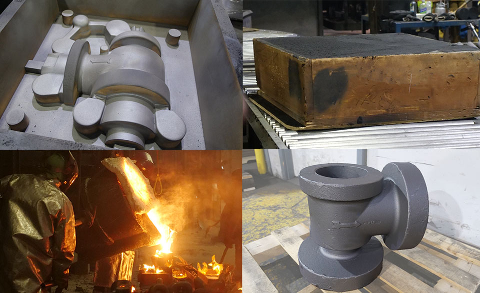 Airset molding process: pattern, packed mold, pouring, finished part